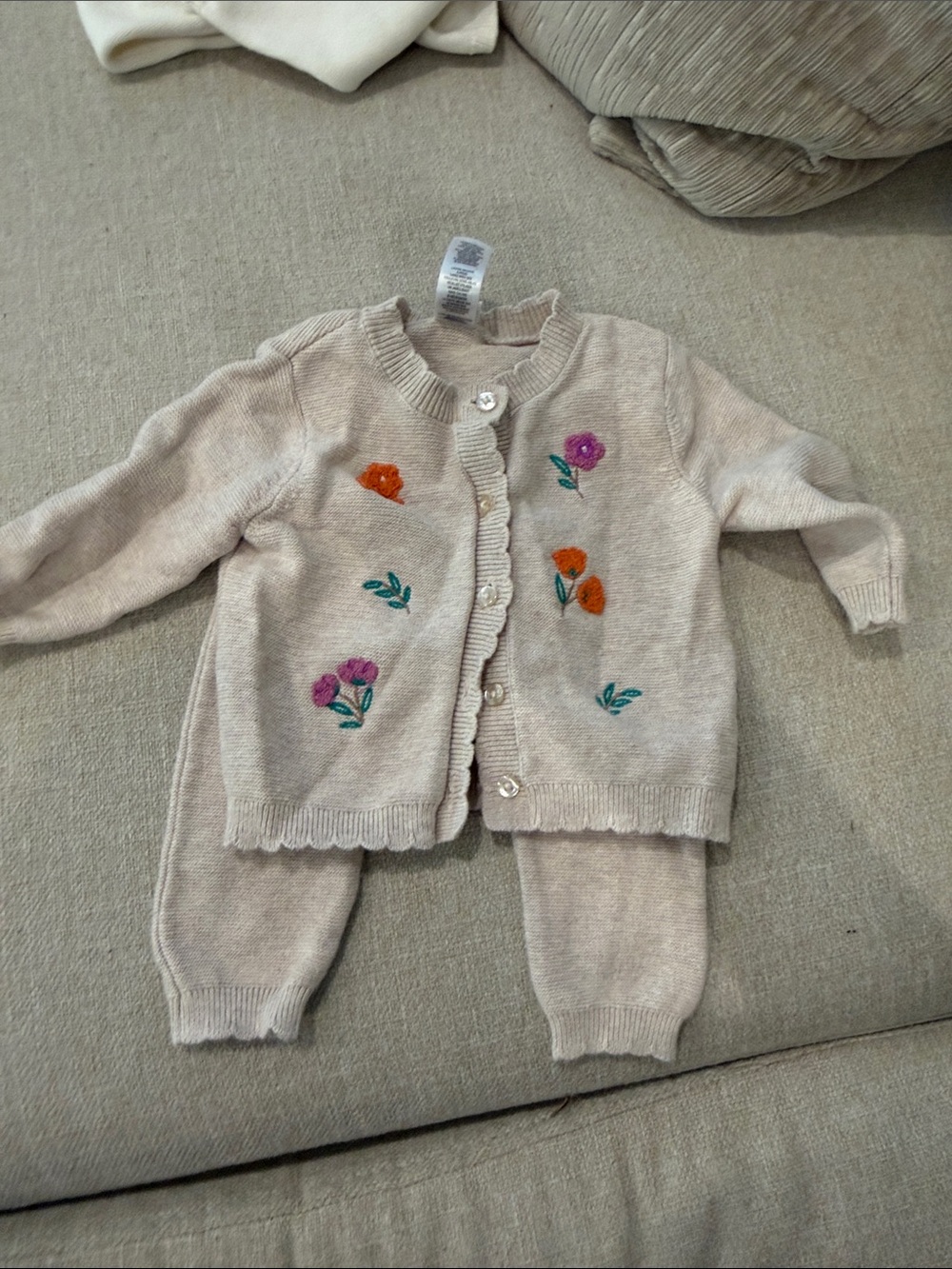 Little Me Cream Knit Floral Embroidered Baby Matching Set
